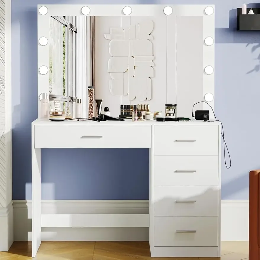 Vanity Table with Large Mirror and 3 Color Adjustable Lights, Bedroom Makeup Vanity with Charging Station, Makeup Dress