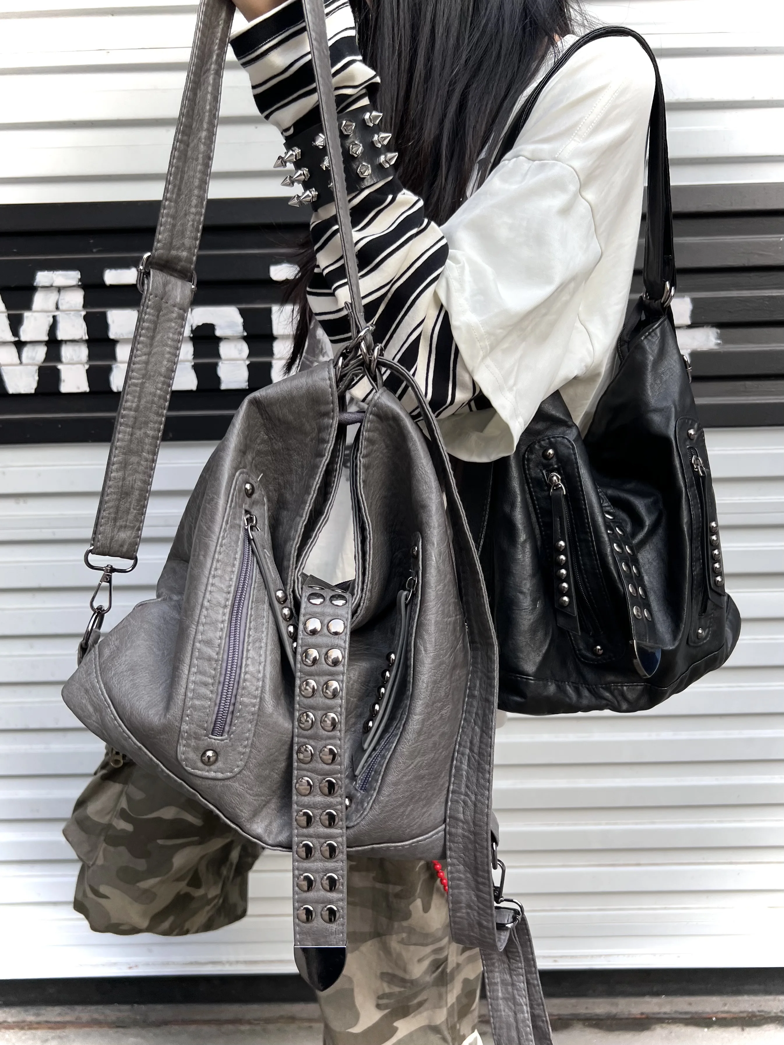 Retro Rivet Spice Girl Handbag Large Capacity Commuter Backpack Pu Leather Slack Shoulder Bags Women's Bag
