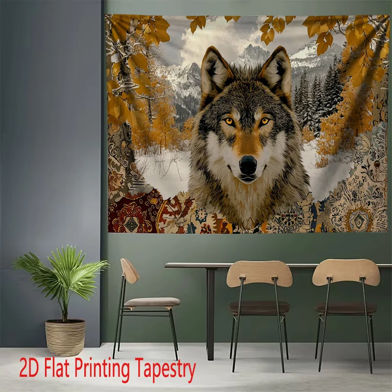 Rustic Wolf Autumn Forest Tapestry Wall Hanging Decor Woodland Animal Art Fall Season Boho Cottage Style Room Accent
