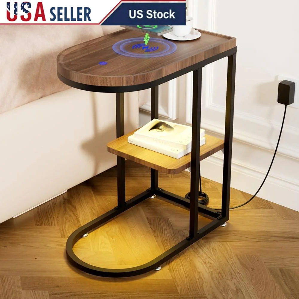 

C Shaped End Table Wireless Charging LED Nightstand Storage Shelf Side Table Sofa Organizer Home Decor 100lb Capacity