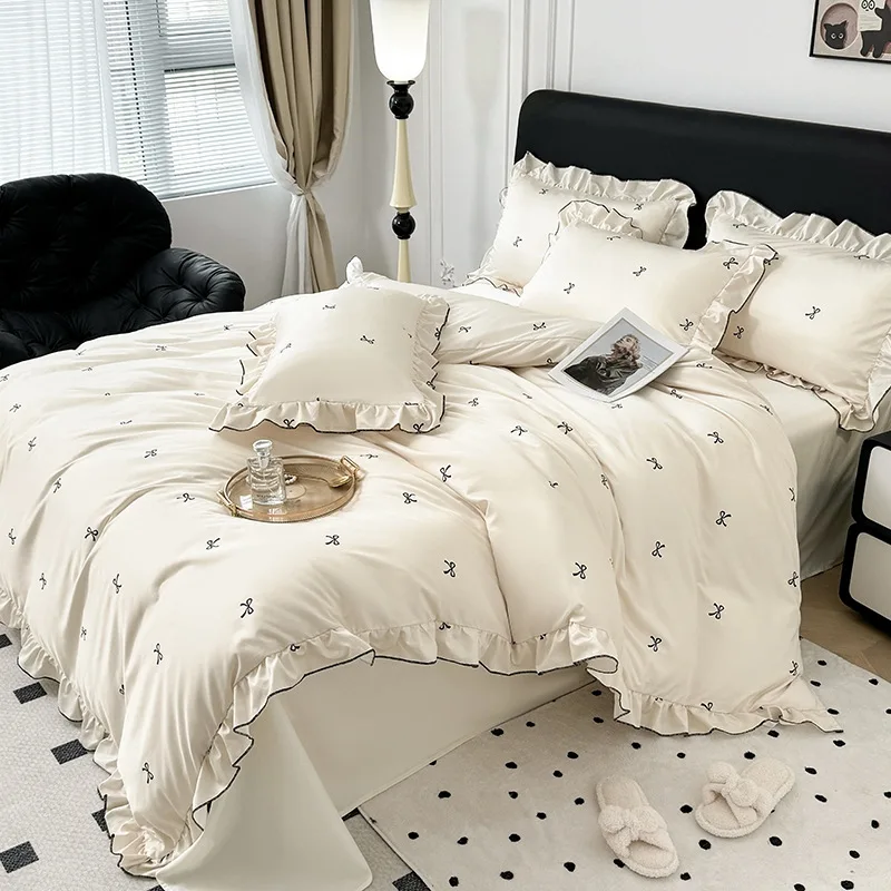 

Sweet Rayon Silk Bow Printed Bedding Set Fashion Cool Skin-Friendly Comforter Sets for Summer Single Double Bed Quilt Cover Kit