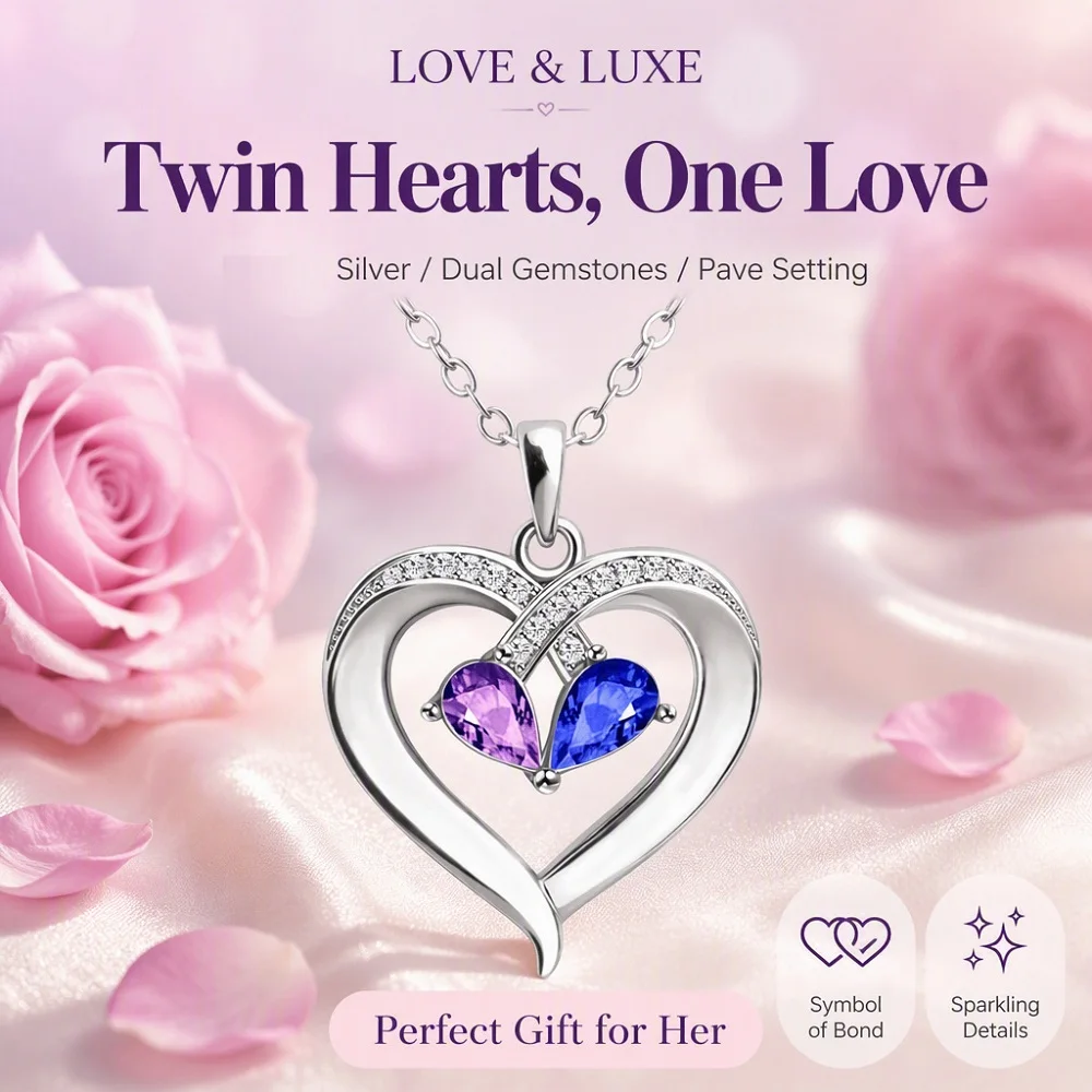 Double Birthstone Heart Pendant Necklace for Women Silver/Gold Plated Teardrop Crystal Jewelry Birthday Gift Key Chain