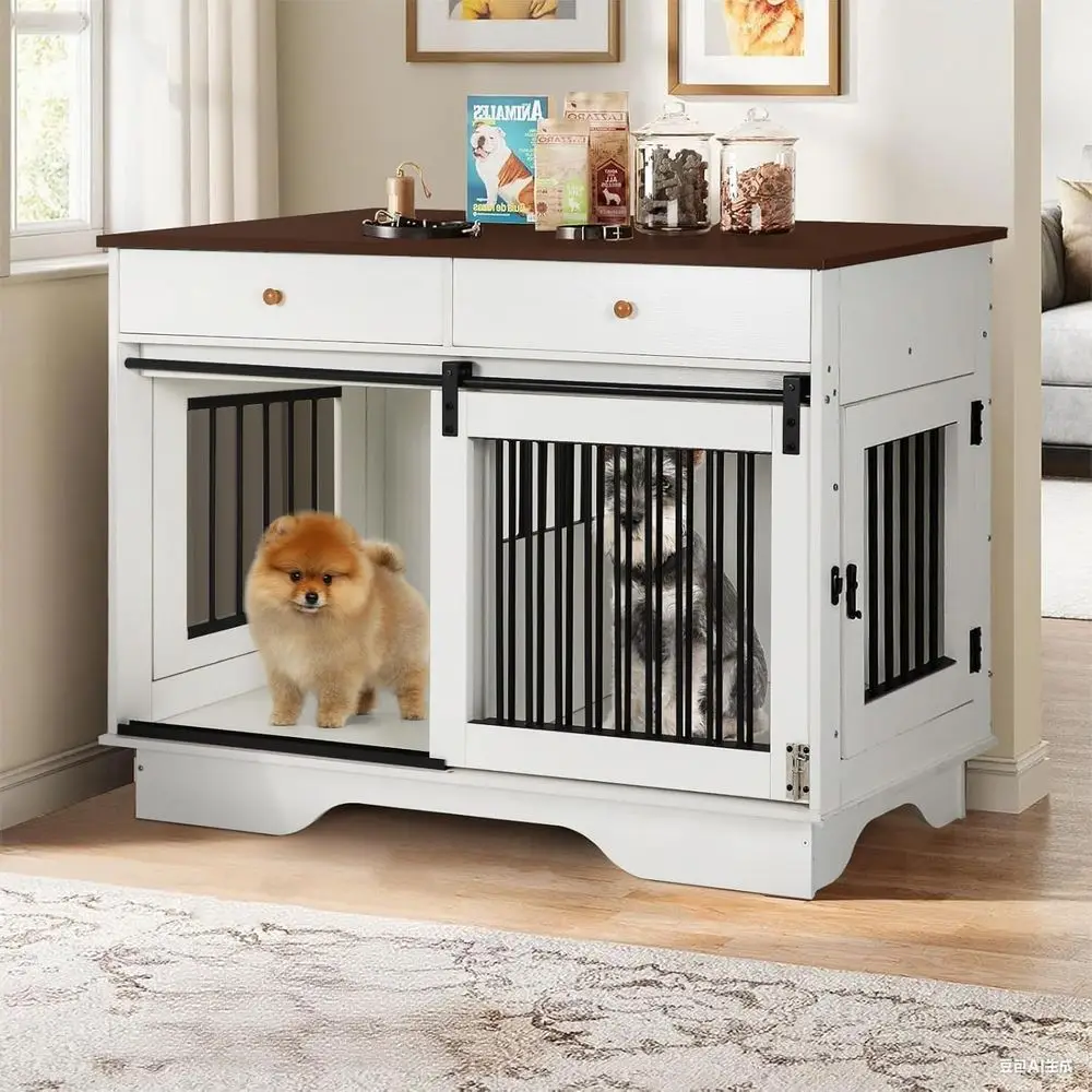 

Furniture-Style Dog Crate with Sliding Barn Doors for Two Dogs, Including Storage Drawers and Divider