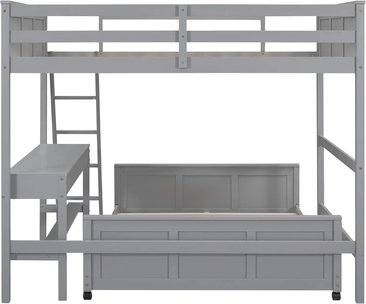 Tempat tidur susun penuh Modern dengan meja dan Laci, tempat tidur Platform penuh bentuk L dengan roda, rangka tempat tidur kayu Solid dengan tangga