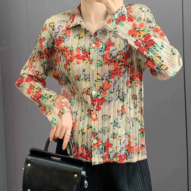 

Miyake Printed Jacket 2025 Fall Pleated Lapel Top Loose Thin Long-sleeved Air Conditioning Shirt Simple Stretchy Women Clothing