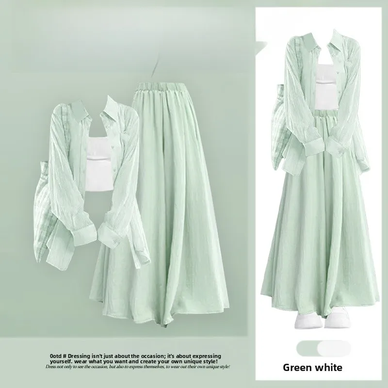

Spring 2026 Women's Casual Versatile Dopaamine Sun Protection Shirt And Slimming Half Skirt Set High Waist Long Sleeve Fashion