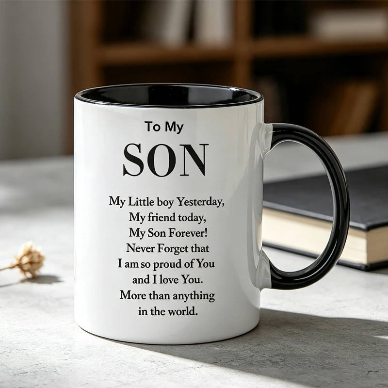An exquisite ceramic coffee mug for a son, celebrating the love shared with Dad or Mom. It makes a perfect Christmas gift.
