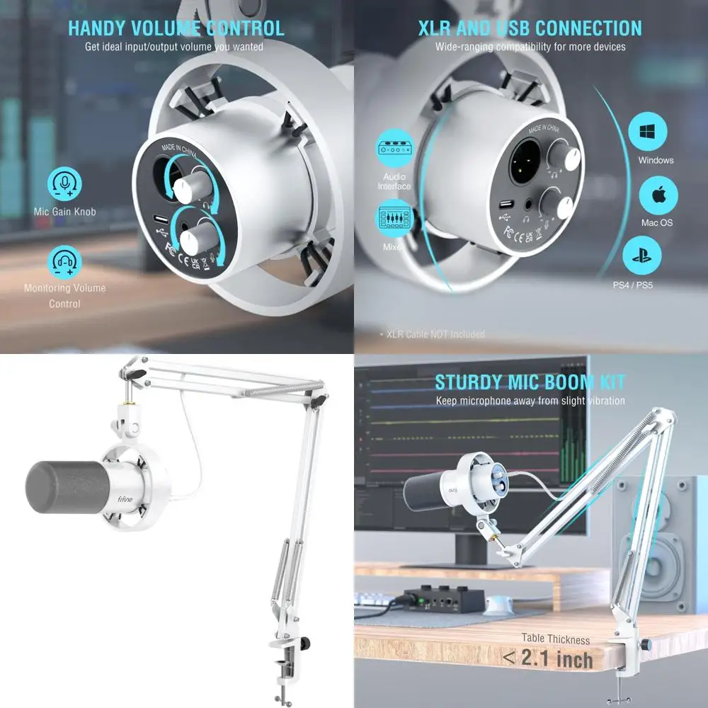 

Студийный качественный микрофон XLR с стрелой, USB-микрофонным комплектом для подкастов, регулятором отключения звука и громкости ПК и потоковым усилителем K688CT Whit