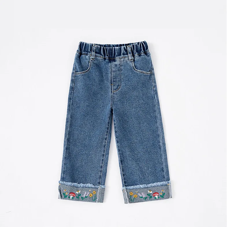 Spring Autumn Children Girl Denim Pants Straight Patched Elastic Waist Student Girls Pants Solid Color Pockets Kid Girl Trousers