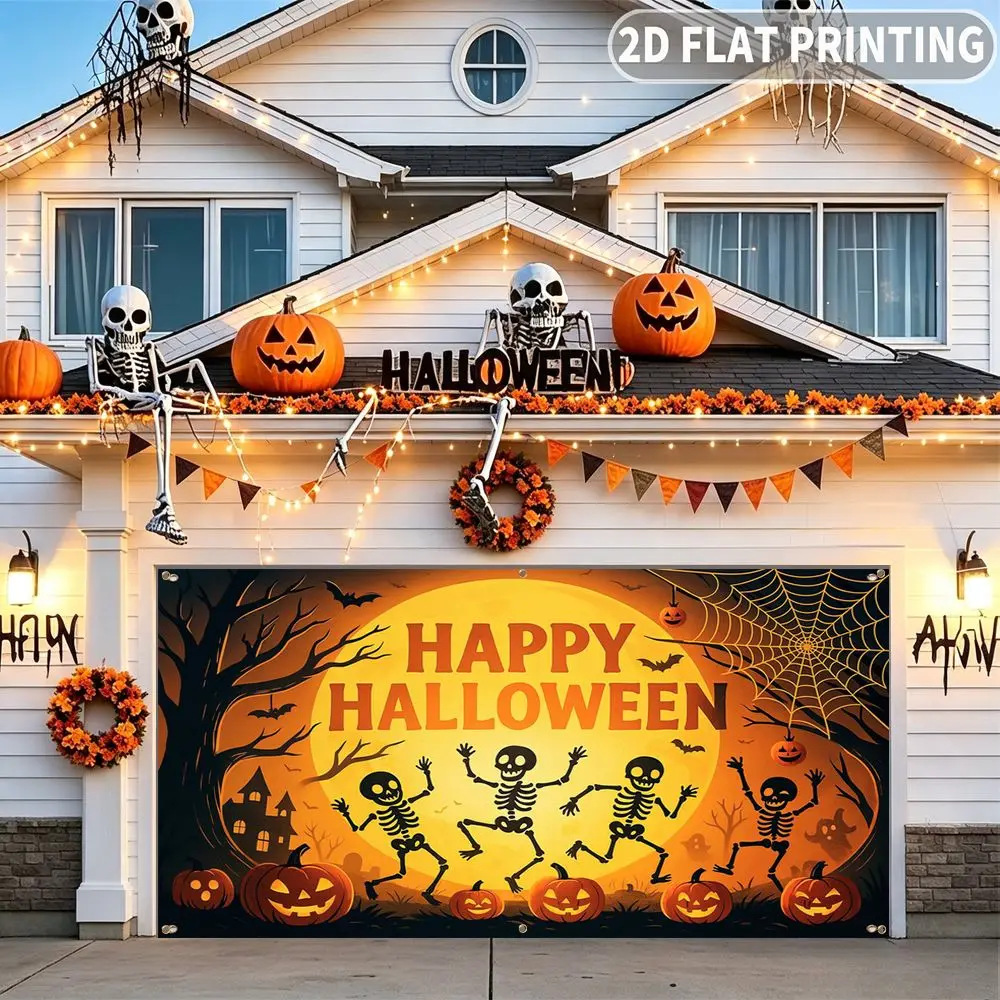 1pc 2D FLAT Halloween Party Garage Banner, Happy Halloween Skeletons Dancing Pumpkins Pattern, Decorative Polyester Banner