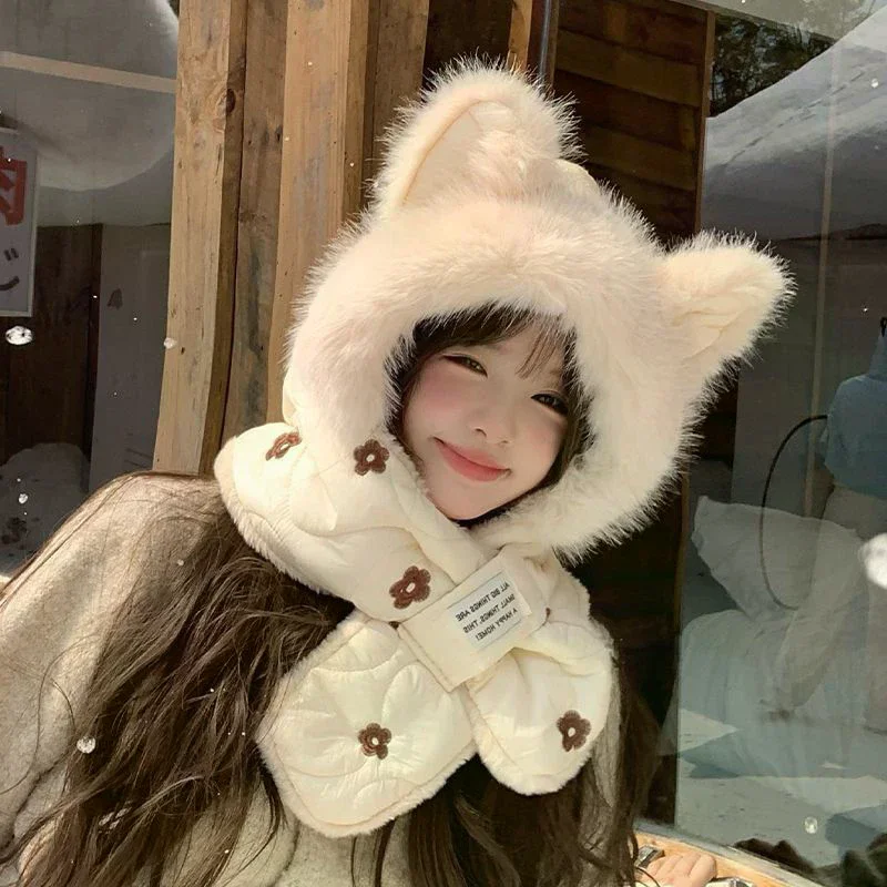 وشاح سميك، قبعة قطيفة نسائية لطيفة، قبعة Lei Feng الدافئة لركوب الدراجات، قبعة حماية الأذن