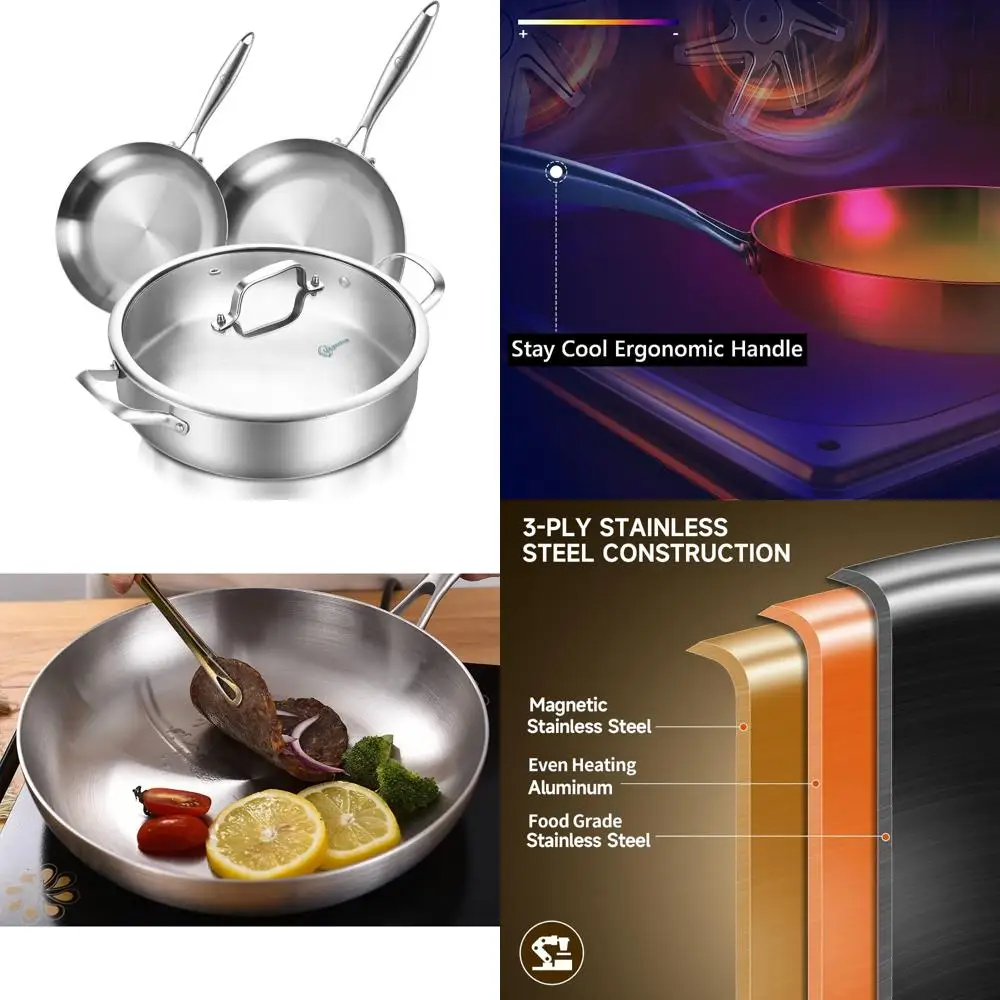 

Stainless Steel 12 Inch Sauté Pan and 8-10 Inch Frying Pan Set, 5.5 QT, 3-Piece Cookware Set, Induction Compatible, Dishwasher S