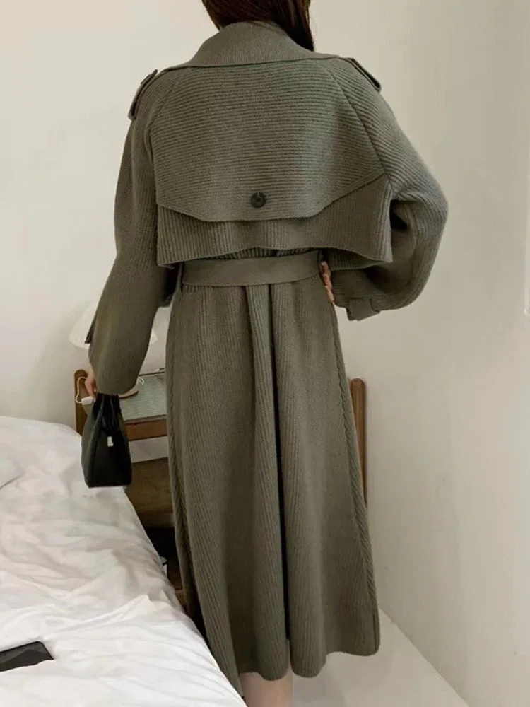 LANMREM Korean Style Knitted 2 Piece Set Women Short Jackets Sleeveless Belt Gathered Waist Dresses 2023 Winter New 2AA4290