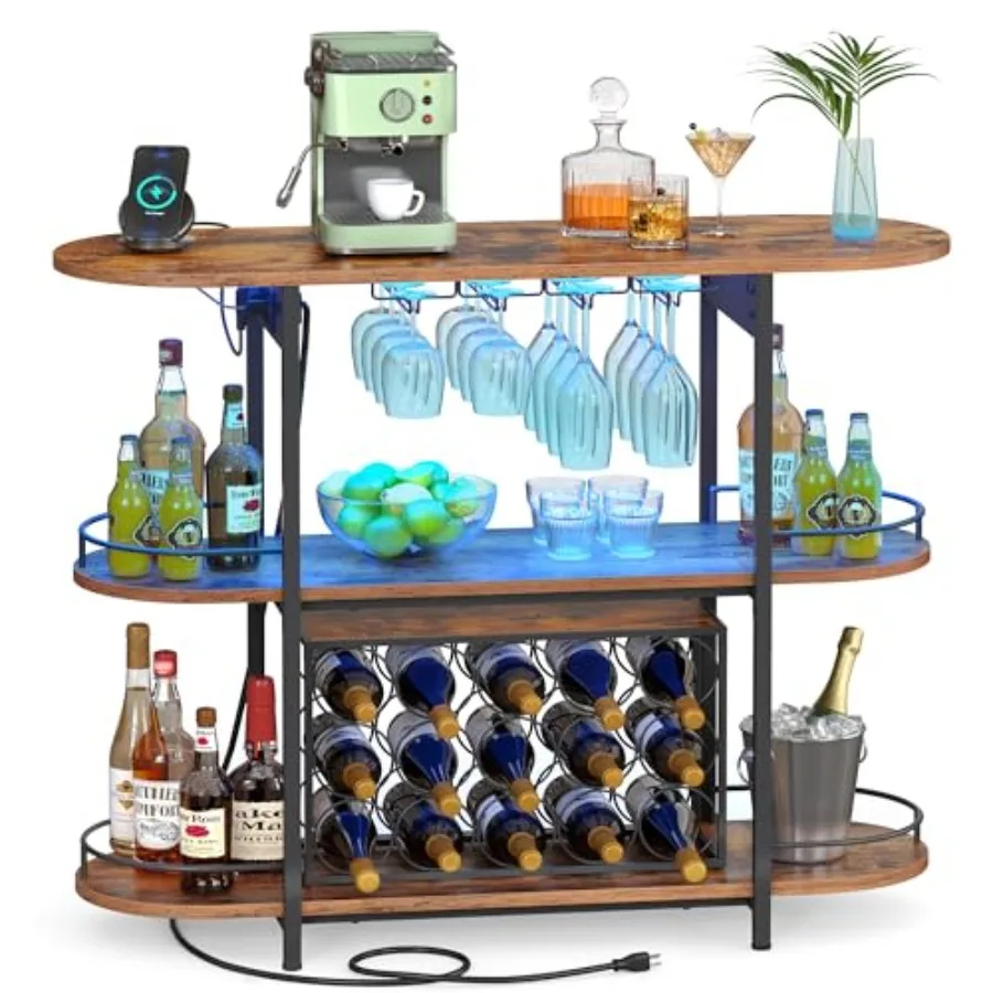 

Bar Cabinet with LED Lights and Power Outlets Freestanding Coffee Bar Wine Cabinet Wine Rack Glass Holder Mini Bar for Liquor a