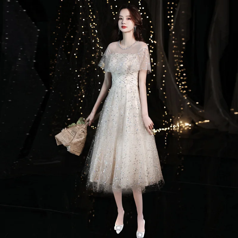 Vestido de noite de lantejoulas emagrecimento aniversário anfitrião desempenho feminino cor champanhe fada ele acioso