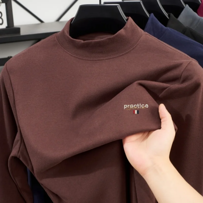 Fashion Spring and Autumn New Velvet Comfortable High Neck T-shirt Personalized Men Brand Classic Letter Embroidered Long Sleeve