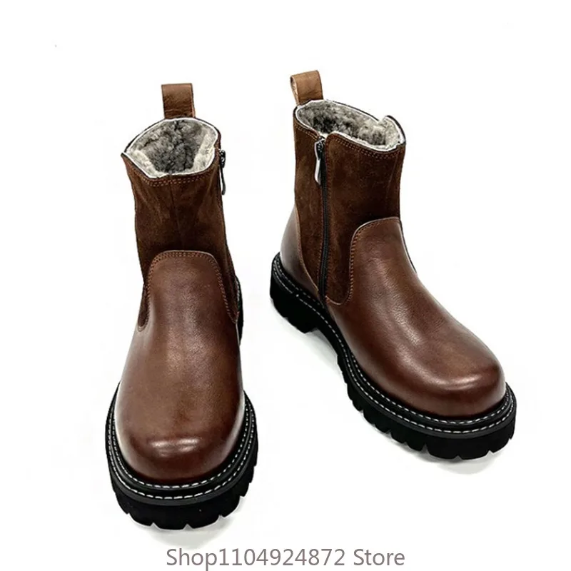 

Winter Genuine Leather Thick Sole Outdoor Warm Snow Boots Men's Wool Thick Sole High Top Cotton Shoes Male Walking Ankle Boots