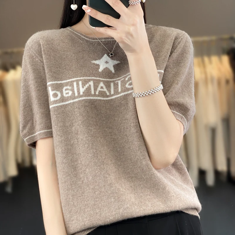 Spring Summer New Woolen Sweater Women\'s Round Neck Pullover 100% Pure Wool Loose Printed Western Versatile Knitted Half Sleeves