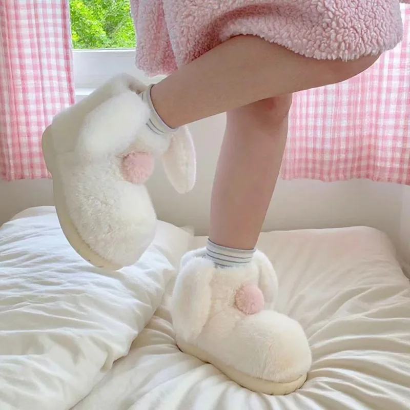 

Sweet Girl Winter Snow Boots, Thickened Cute Plush Rabbit Ears for Female Students, Warm Flat Shoes for Women Ankle Boots