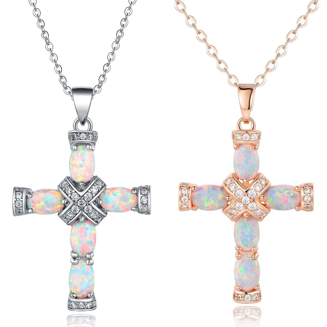 Wholesale 12PCS Lot Created Opal Cross with Chain Necklaces Pendants Cubic Zirconia Cross Faith Pendant