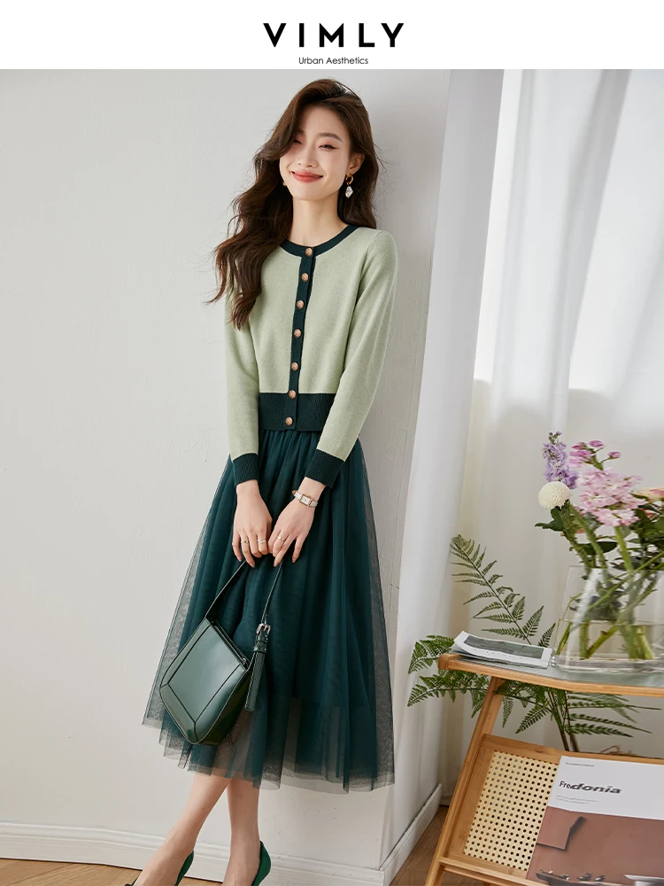 Vimly Korean Fashion Two Piece Sets Green Knitted Cardigan and Midi Mesh Skirt Womens Spring 2 Piece Outfits Matching Set M3386