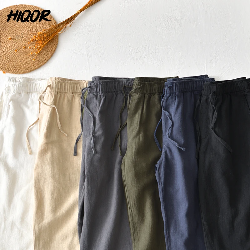 HIQOR 6 Colors Men\'s Cotton Linen Casual Pants Summer New In Breathable Solid Linen Trousers For Men Male Straight Baggy Pants