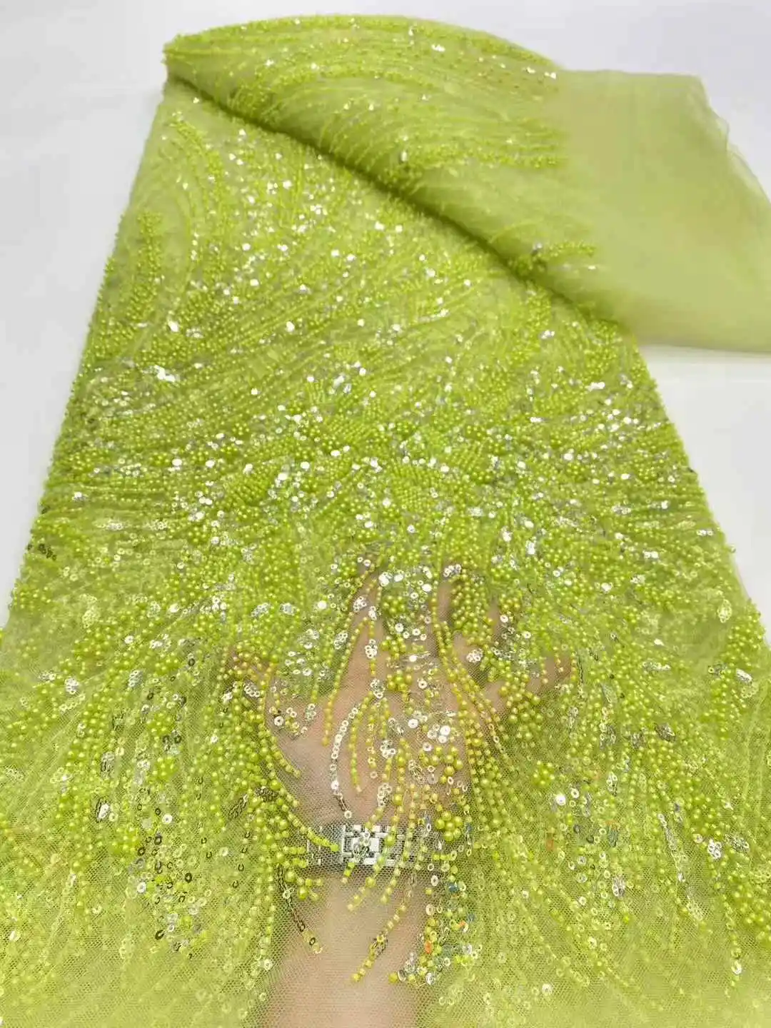 French Beaded Sequins Lace Fabric High Quality 5 Yard Mesh Tulle African Lace Fabric Nigerian Wedding Dress for Women-DP