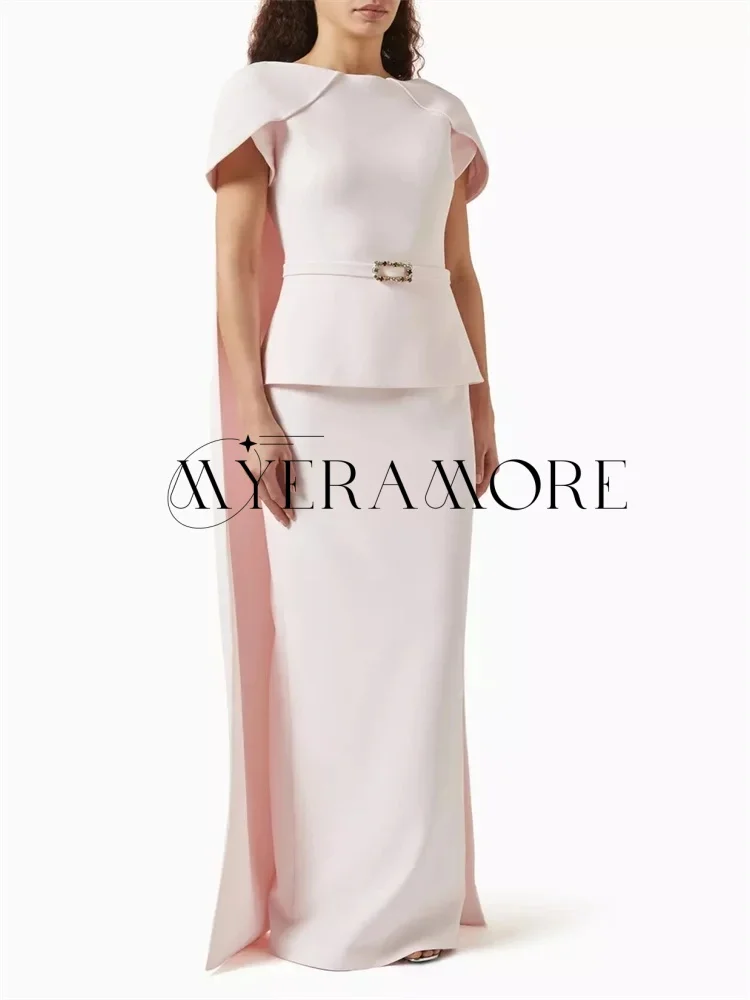 

Elegant Pink O-Neck Evening Dresses Half sleeve Sashes Button Shawl Prom Dresses Customized فساتين سهرة