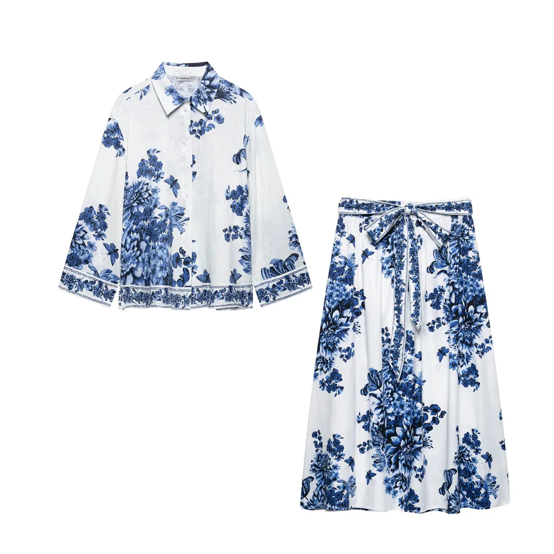 

Летнее платье из двух предметов, женская синяя рубашка с цветочным принтом, платье с высокой талией и цветочным принтом, юбка миди, рубашки с длинными рукавами, топ, поплиновая полуюбка
