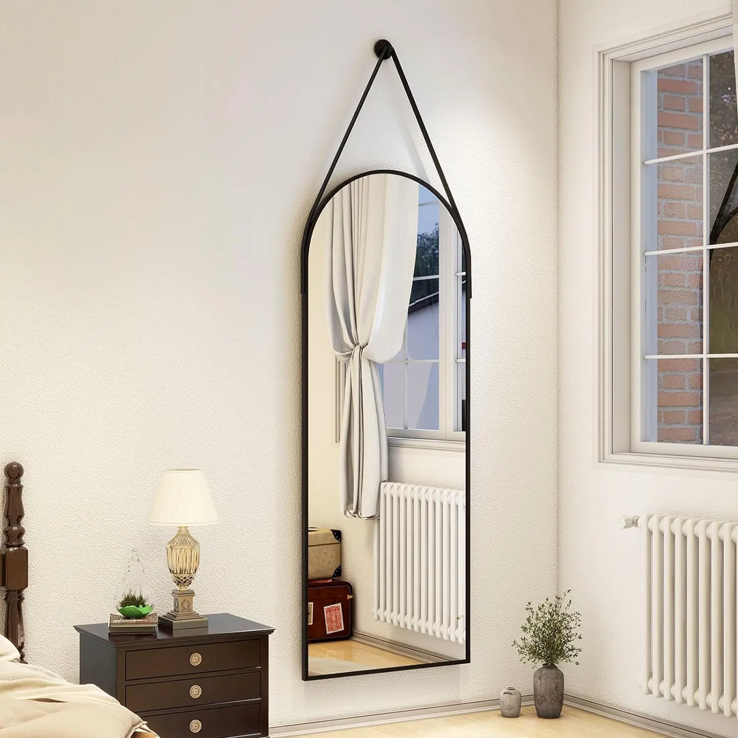 48''x16'' Arched Wall Mirror Full Lengthr with Hanging Mirror Leather Cord Aluminum Frame Wall-Mounted Hanging Mirrors