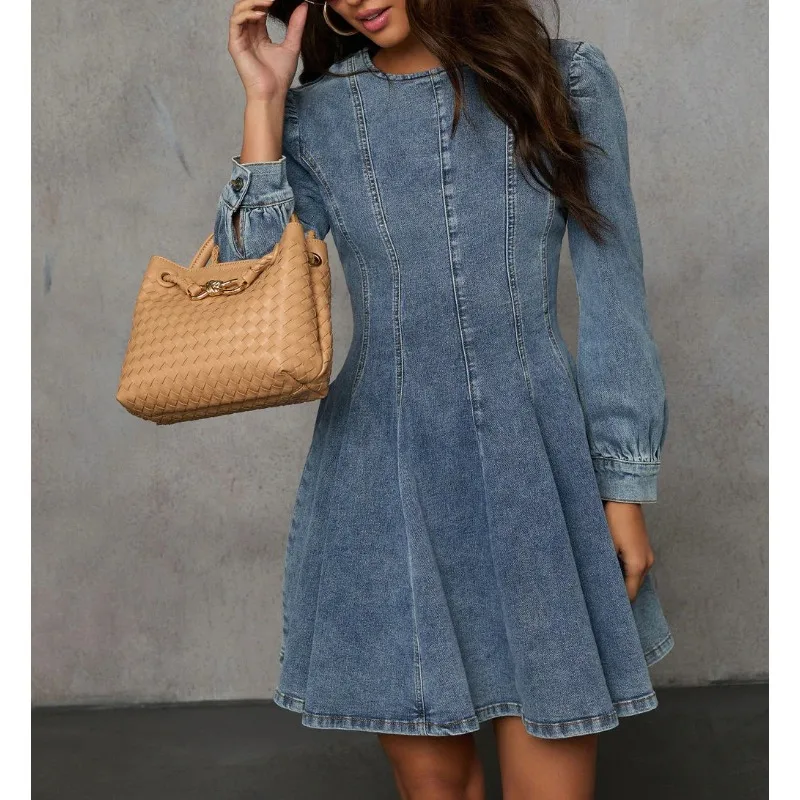 2025 Autumn, Elegant Temperament Splicing Waist Women's Denim Long-sleeved Dress