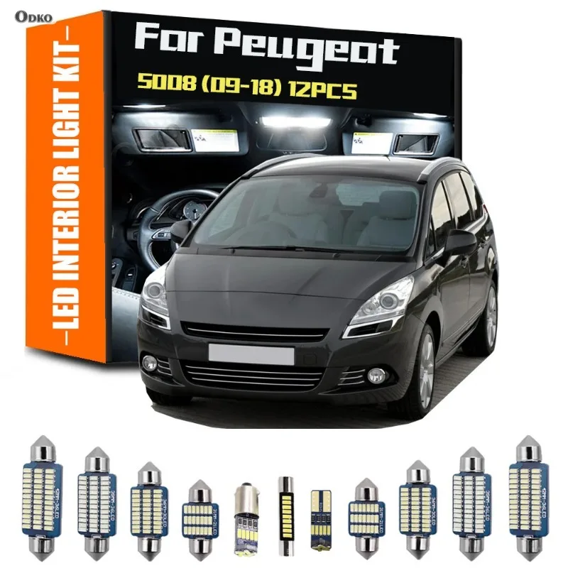 

Для Peugeot 5008 2009-2018 12 шт. светодиодный внутренний светильник для чтения, комплект ламп для багажника, хэтчбек, седан, сигнальная лампа, автомобильные фары