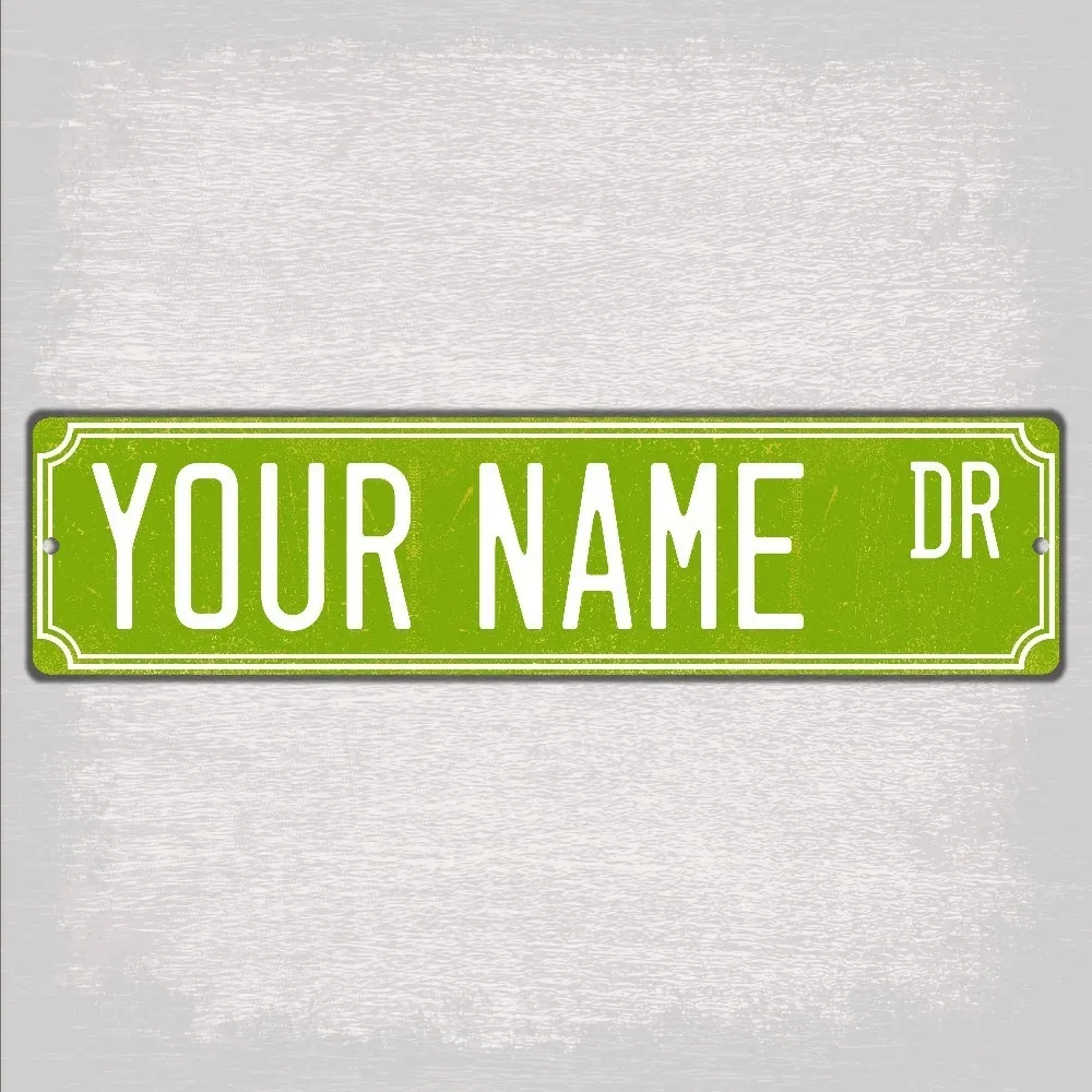 Customizable Name Street Style Long Metal Plaque, Personalized Green Distressed Vintage Road Wall Sign for Entryway Garage Decor