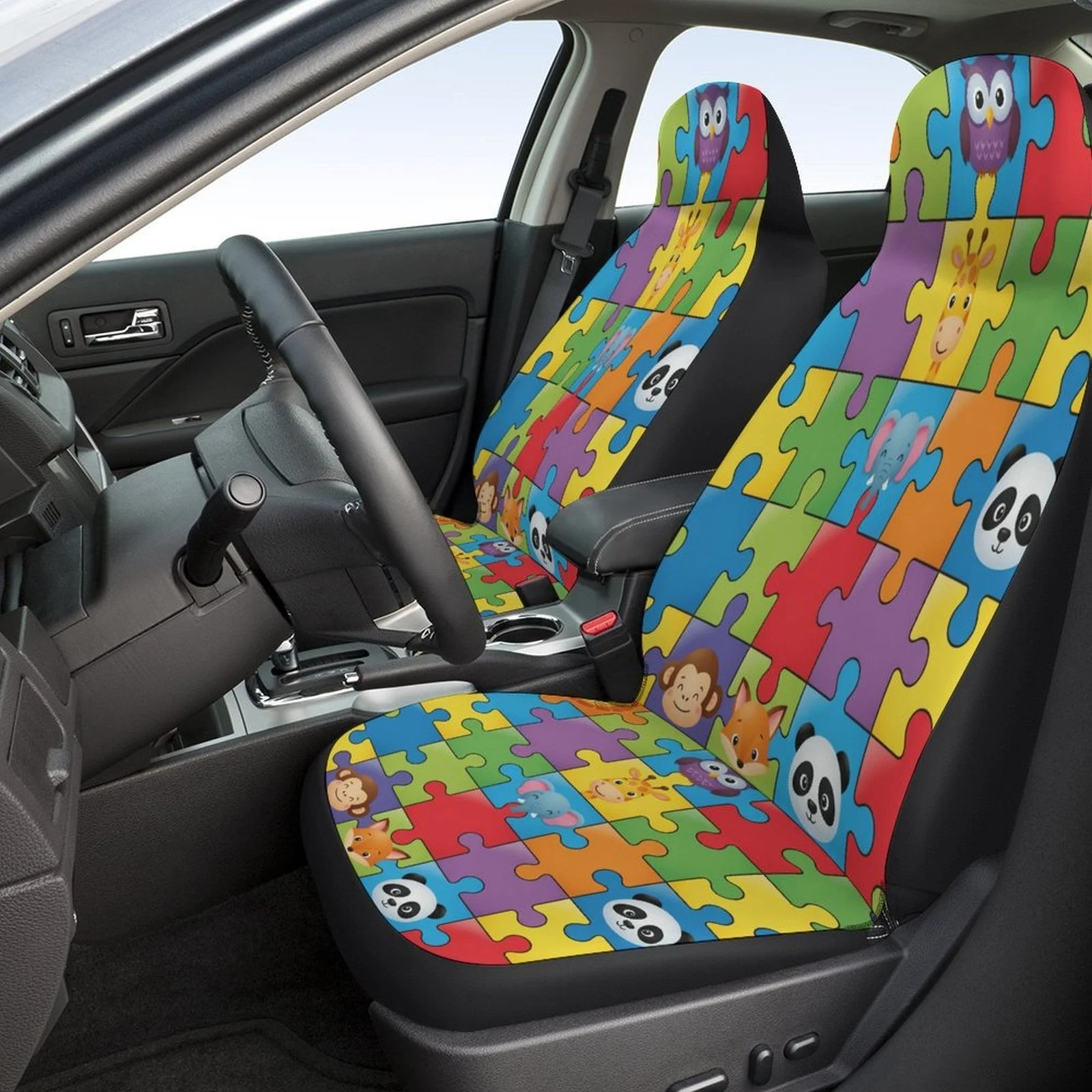 Animal Puzzle Pieces Designed Car Seat Covers Set For Most Cars, Trendy Breathable Decorative Car Seat Protector Covers Full Set