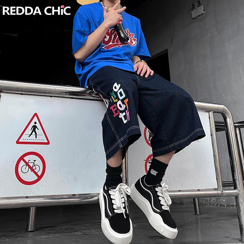 REDDACHiC Men's Fun Jumble Letters Baggy Jorts Graphic Print Low Waist Loose Casual Wide Leg Denim Short Pants Vintage Clothes