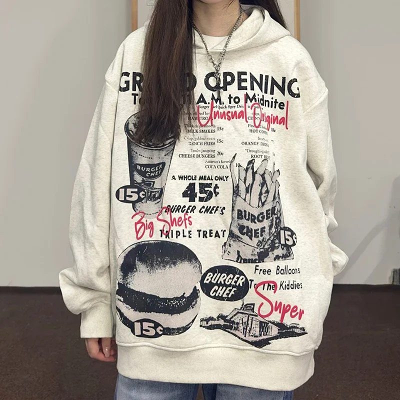 American retro Hamburg French fries hooded sweater women's autumn and winter new loose casual fashion print hoodie sweatshirt
