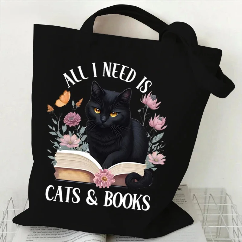 Cute Black Cat and Book Canvas Handbag for Women One Shoulder Flower Butterfly Print Shopping Bag Suitable for Daily Use