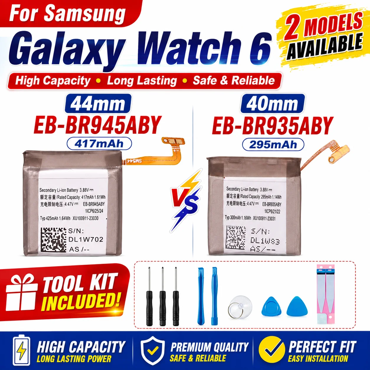 EB-BR935ABY EB-BR945ABY Akku für Samsung Galaxy Watch 6 40 mm SM-R930 SM-R935 44 mm Smartwatch mit komplettem Werkzeug