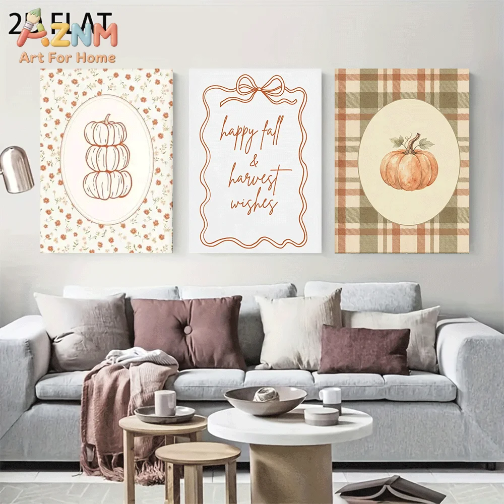 AZNM Frameless Canvas Wall Art, Happy Fall Harvest Quote Print, Floral Plaid Pumpkin Art Poster for Thanksgiving Farmhouse Livin