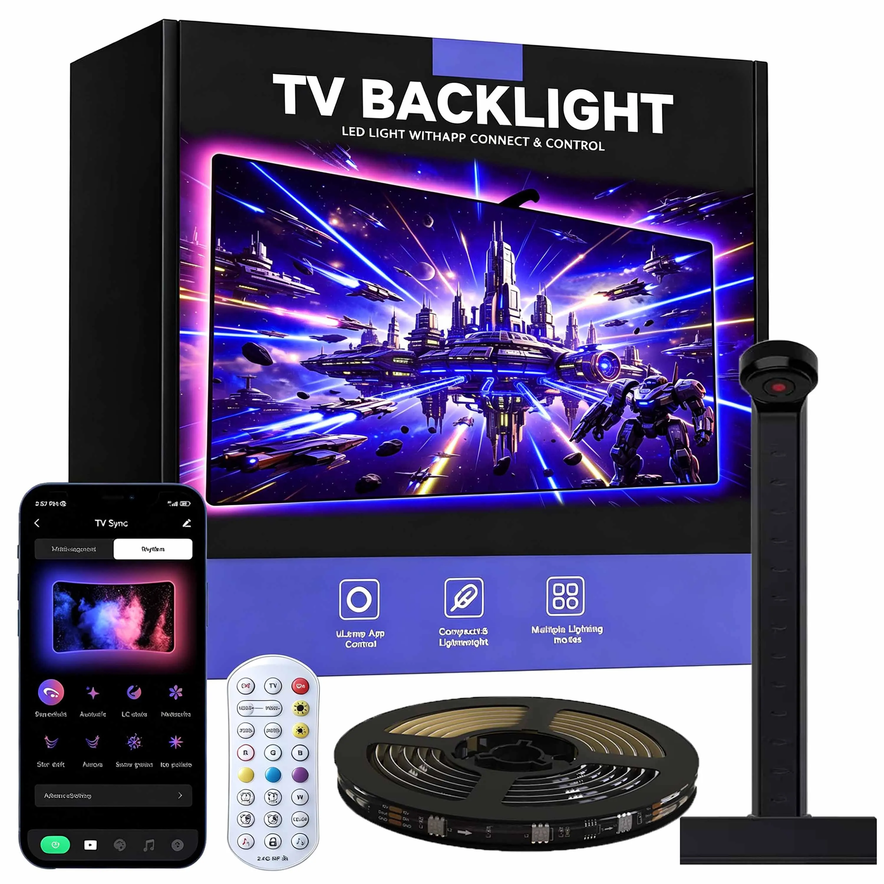 TV Backlight Strip Color Pickup RGBIC LED Strip Lights for 55-75 inch Screens Smart Sync Gaming Room Decor Atmosphere Lights