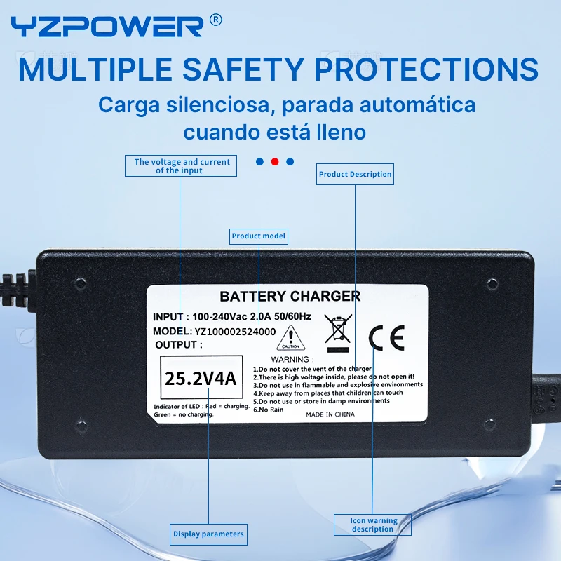 YZPOWER 25.2V 4A 5S شاحن ليثيوم أيون مع شاشة LCD |   OEM/ODM مخصص للمركبات الإلكترونية (حماية الشحن الزائد CE/الشحن الزائد)