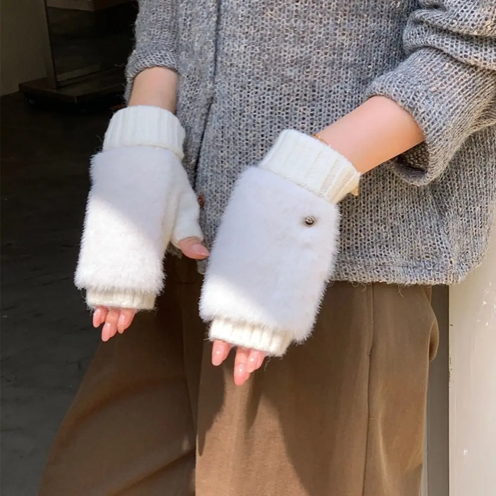 New Warm Knitted Gloves Windproof Touch Screen Plush Gloves Polyester Soft Half-Finger Gloves Writing