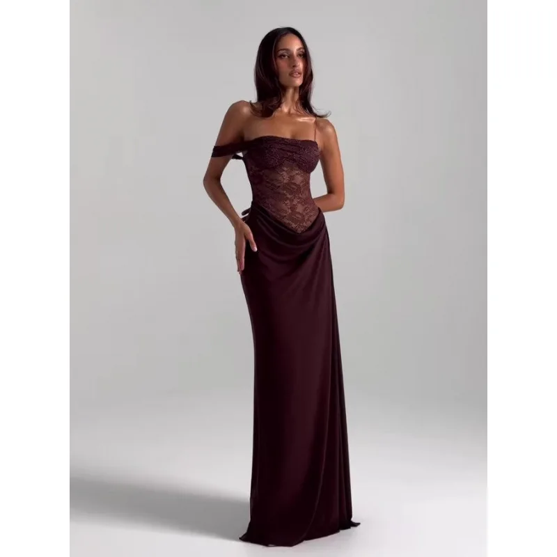 Nieuwe collectie off-the-shoulder kanten sensuele strapless jurk hoge taille uitgesneden lange lengte effen kleur jurk