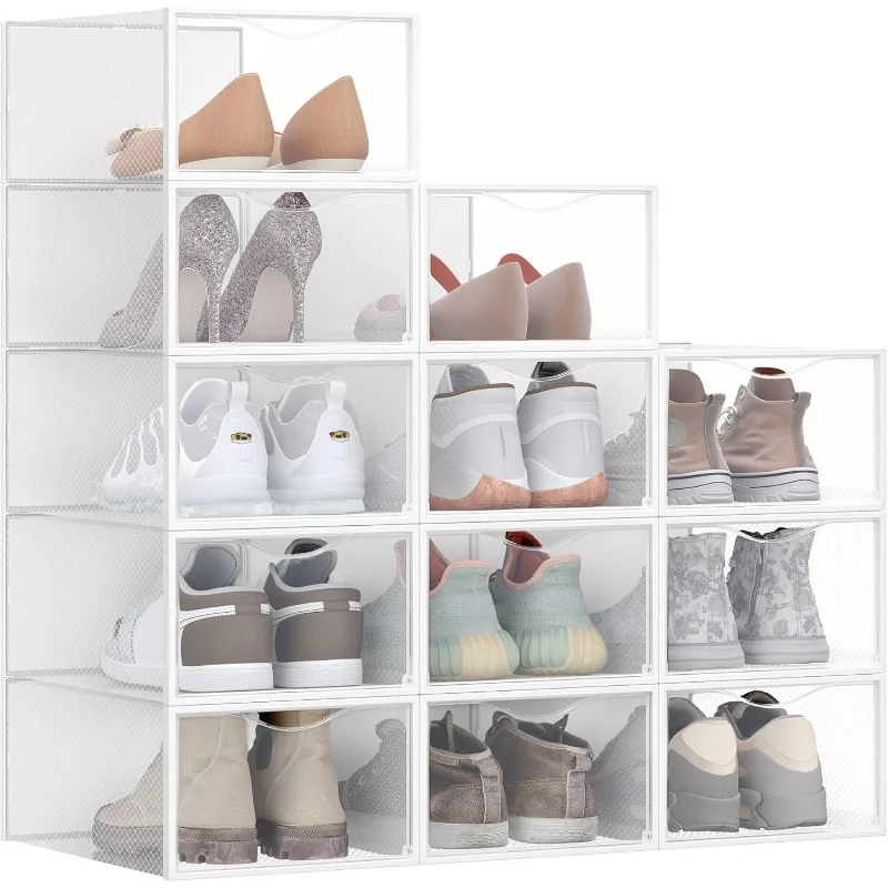

Stackable Shoe Boxes, Set of 12 Plastic Shoe Organizers with Door, Transparent, Easy Assembly, 9.1 x 13.1 x 5.6 Inches