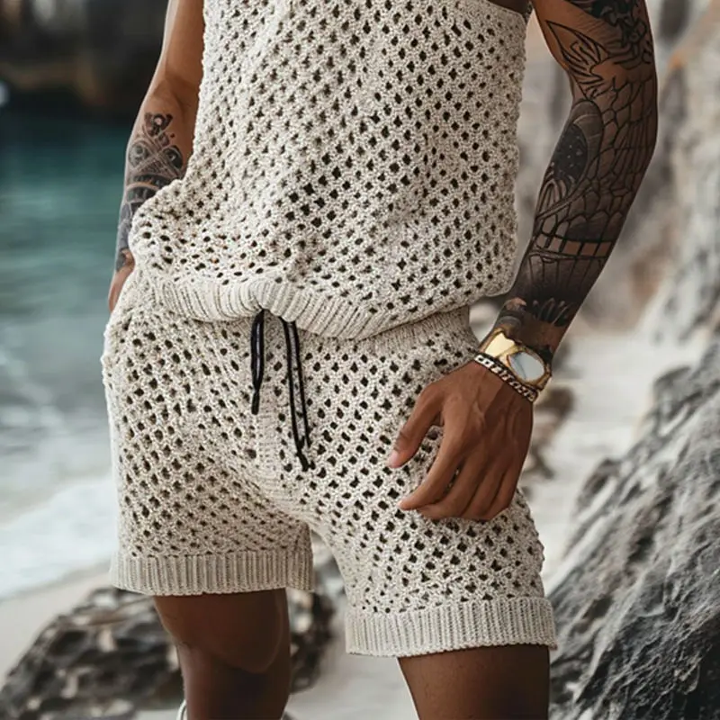 Summer Men Casual Suit Sexy Hollow Sleeveless Tops Shorts 2-piece Set Sweatpants Elastic Waist Shorts Knit Sets Luxury Design