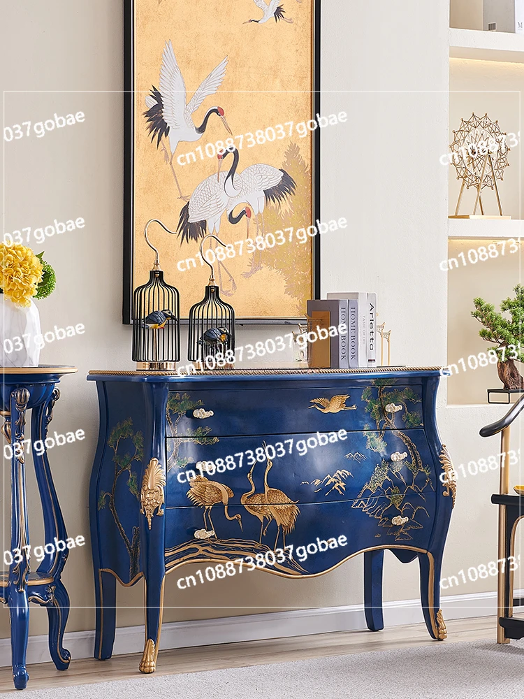 LMM Solid Wood Painted Crane Royal Blue Luxury Entrance Cabinet New Chinese Style Corridor Aisle Curio Cabinet