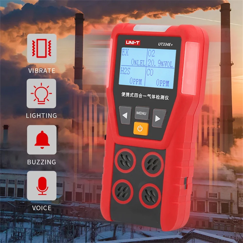 UNI-T UT334E كاشف الغاز المتعدد O2 CO H2S الغازات القابلة للاحتراق الأكسجين أول أكسيد الكربون كبريتيد الهيدروجين 4 في 1 كاشف تسرب الغاز