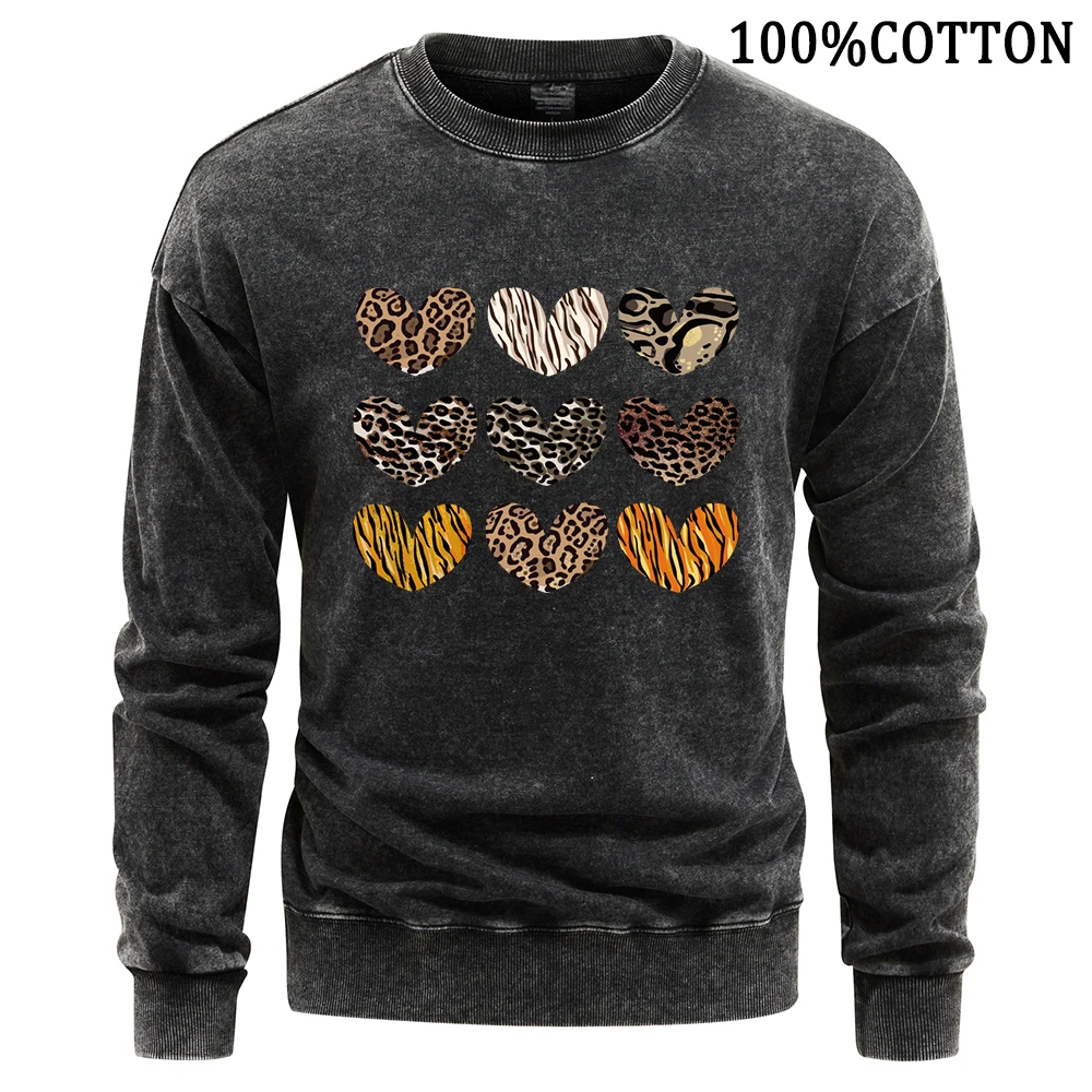 Heart Shaped Leopard Print Men Sweatshirt Retro Washed Hoodie Autumn Crewneck Cotton Hoodies Soft Comfort Sweatshirts Clothing