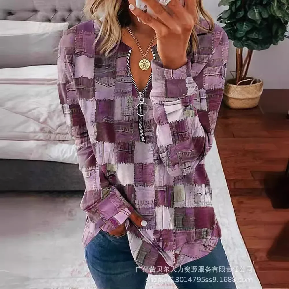 Women Autumn Winter Pullover Blouse Zippers Plaid Color V Neck Long Sleeve Casual Fashion Comfortable Regular Standard Fit Shirt