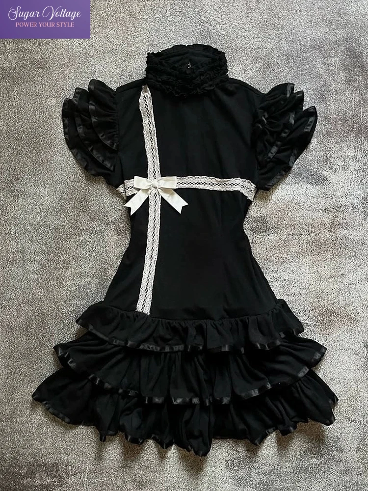 Y2K-vestido gótico Vintage japonés para chica electrónica, vestido de encaje con lazo de manga corta y cuello medio alto, ropa de calle negra con cintura ceñida